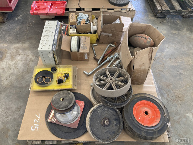 Pallet of gate wheels, gate hardware, cutoff wheels , and misc hardware